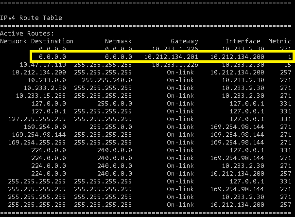 The above route table is part of the output of 'route print' from the CMD line